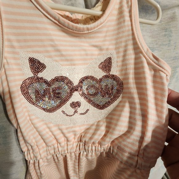 Btween Girls Size 2T Romper Pink and White Stripes With  Sequin Cat on the Front - Picture 2 of 5